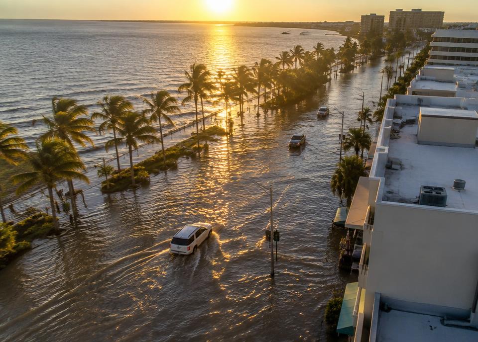 Coastal city streets flooded at sunset